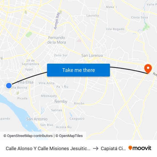 Calle Alonso Y Calle Misiones Jesuiticas to Capiatá City map
