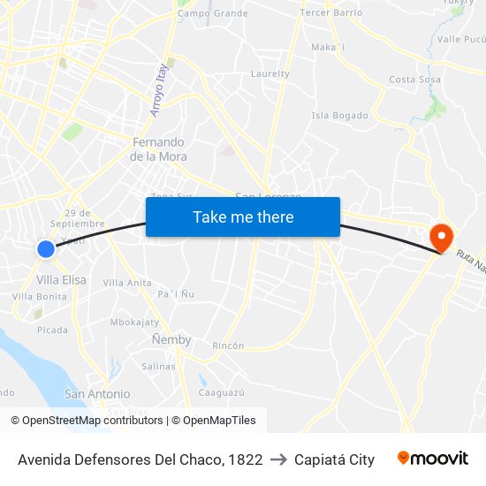 Avenida Defensores Del Chaco, 1822 to Capiatá City map