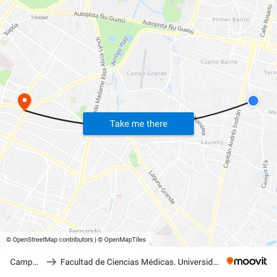 Campo Via to Facultad  de Ciencias Médicas. Universidad del Pacífico map