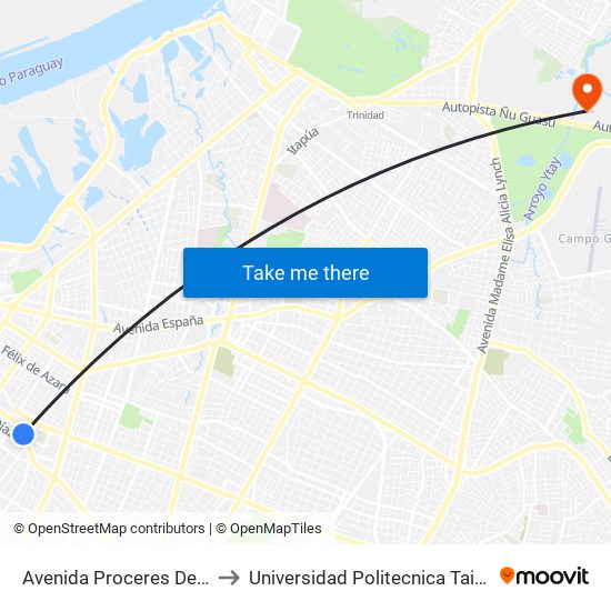 Avenida Proceres De Mayo, 251 to Universidad Politecnica Taiwán-Paraguay map