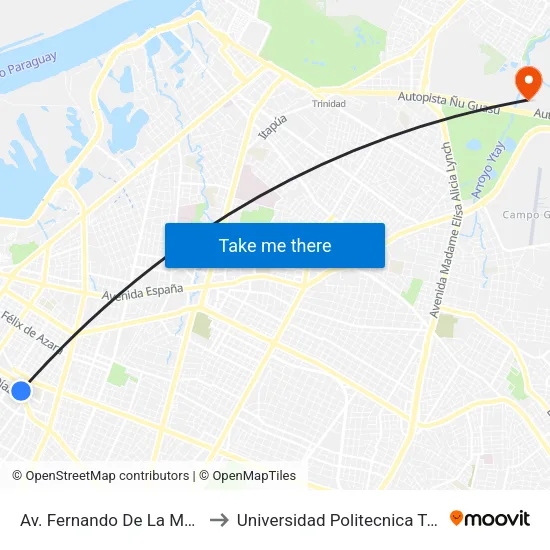 Av. Fernando De La Mora X Ana Diaz to Universidad Politecnica Taiwán-Paraguay map