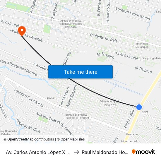 Av. Carlos Antonio López X Av. Eusebio Ayala to Raul Maldonado Hospital Equino map