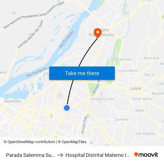 Parada Salemma Super Center to Hospital Distrital Materno Infantil - M.R.A. map