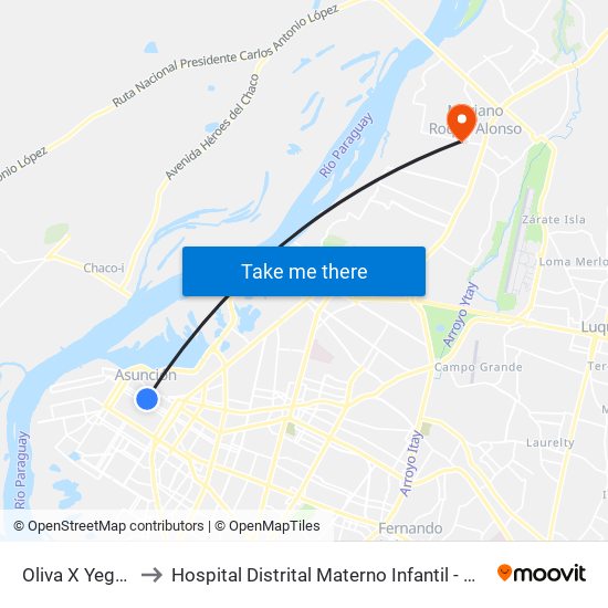Oliva X Yegros to Hospital Distrital Materno Infantil - M.R.A. map