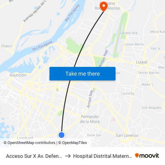 Acceso Sur X Av. Defensores Del Chaco to Hospital Distrital Materno Infantil - M.R.A. map