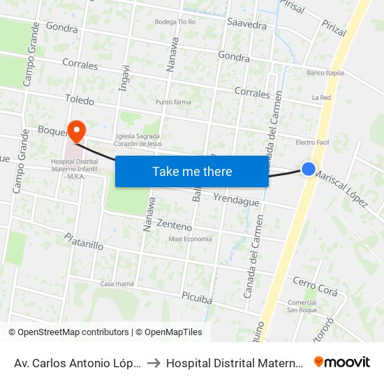 Av. Carlos Antonio López X Boquerón to Hospital Distrital Materno Infantil - M.R.A. map