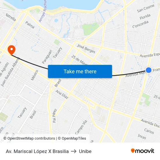 Av. Mariscal López X Brasilia to Unibe map