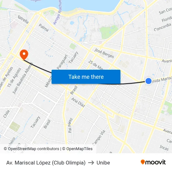 Av. Mariscal López (Club Olimpia) to Unibe map
