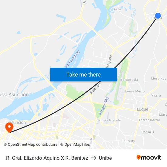 R. Gral. Elizardo Aquino X R. Benitez to Unibe map