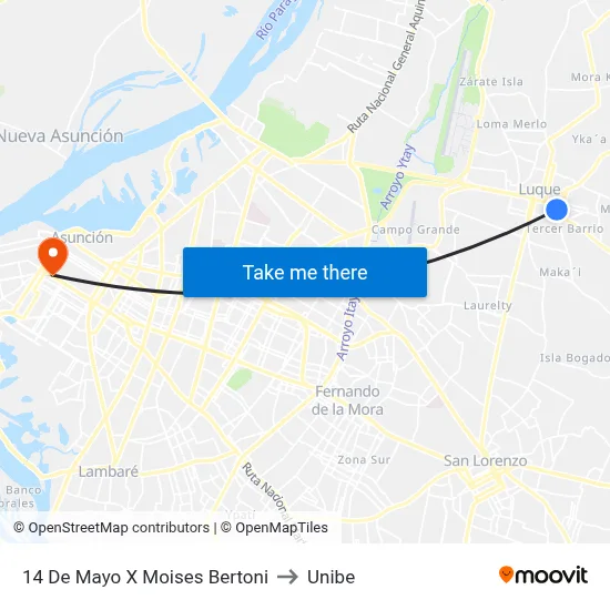 14 De Mayo X Moises Bertoni to Unibe map
