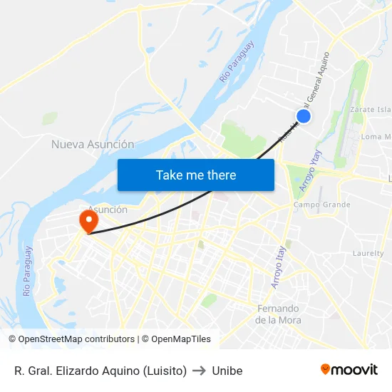 R. Gral. Elizardo Aquino (Luisito) to Unibe map
