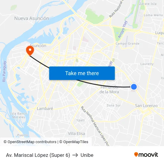 Av. Mariscal López (Super 6) to Unibe map