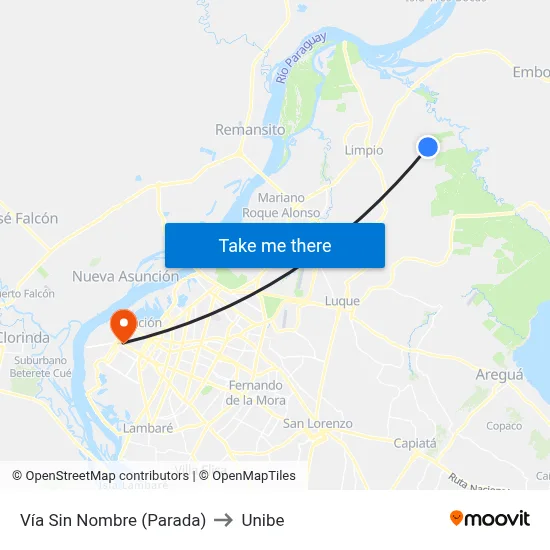 Vía Sin Nombre (Parada) to Unibe map