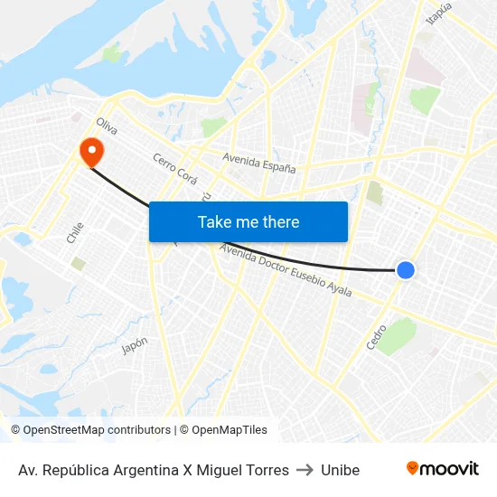 Av. República Argentina X Miguel Torres to Unibe map