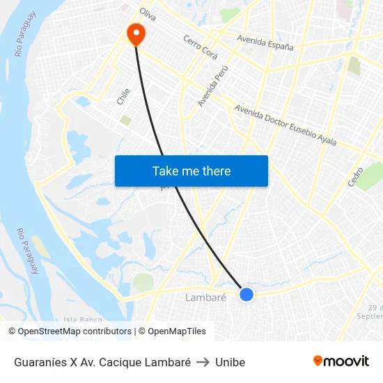 Guaraníes X Av. Cacique Lambaré to Unibe map