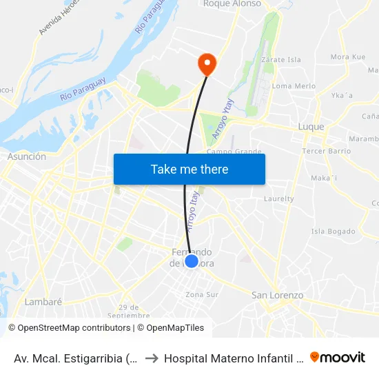 Av. Mcal. Estigarribia (El Pueblo) to Hospital Materno Infantil Loma Pyta map