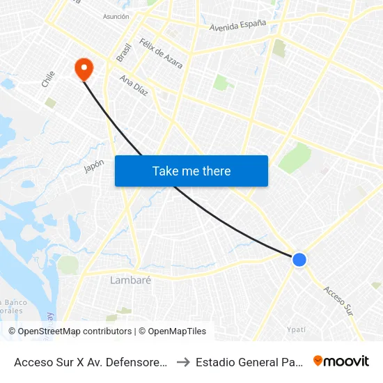 Acceso Sur X Av. Defensores Del Chaco to Estadio General Pablo Rojas map