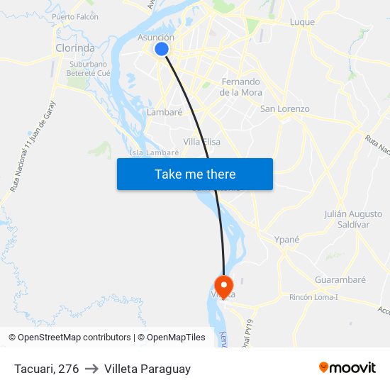 Tacuari, 276 to Villeta Paraguay map