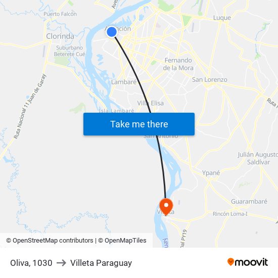 Oliva, 1030 to Villeta Paraguay map