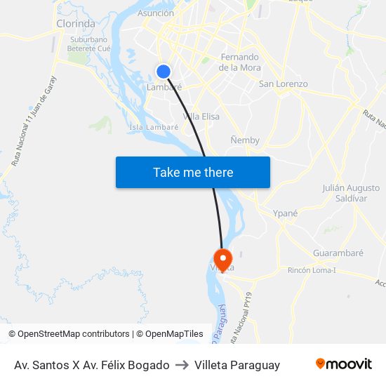 Av. Santos X Av. Félix Bogado to Villeta Paraguay map