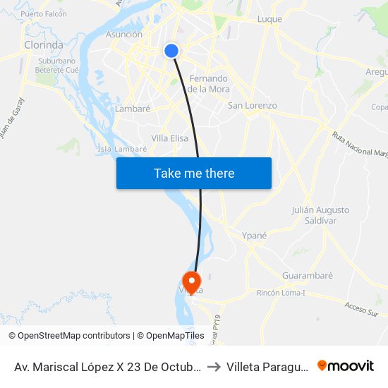 Av. Mariscal López X 23 De Octubre to Villeta Paraguay map