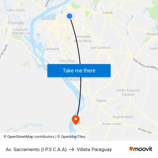 Av. Sacramento (I.P.S C.A.A) to Villeta Paraguay map