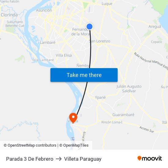 Parada 3 De Febrero to Villeta Paraguay map