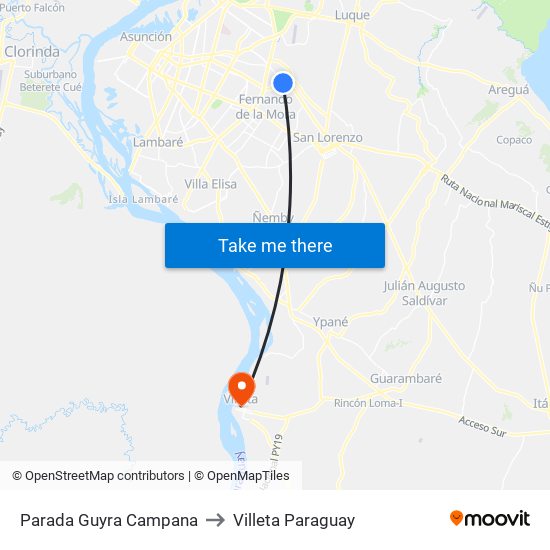 Parada Guyra Campana to Villeta Paraguay map