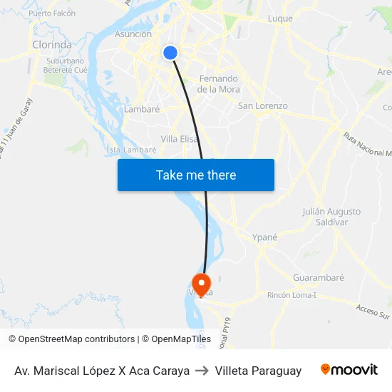 Av. Mariscal López X Aca Caraya to Villeta Paraguay map