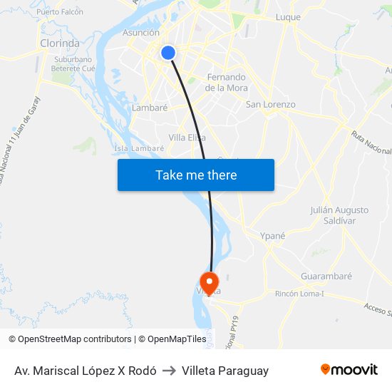 Av. Mariscal López X Rodó to Villeta Paraguay map