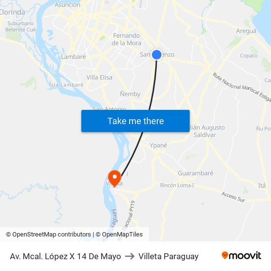 Av. Mcal. López X 14 De Mayo to Villeta Paraguay map