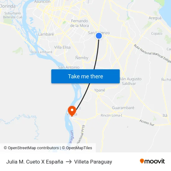 Julia M. Cueto X España to Villeta Paraguay map