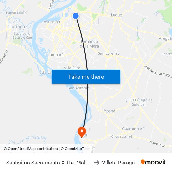 Santísimo Sacramento X Tte. Molinas to Villeta Paraguay map