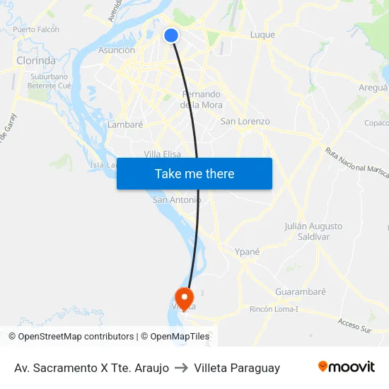 Av. Sacramento X Tte. Araujo to Villeta Paraguay map