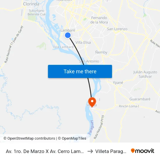 Av. 1ro. De Marzo X Cerro Lambaré to Villeta Paraguay map