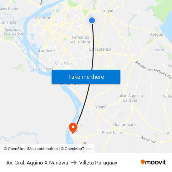 Av. Gral. Aquino X Nanawa to Villeta Paraguay map