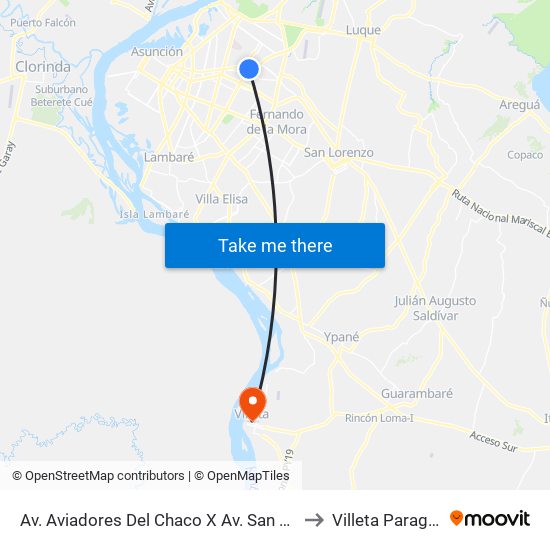 Av. Aviadores Del Chaco X Av. San Martín to Villeta Paraguay map