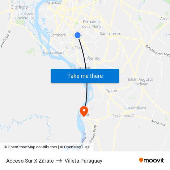 Acceso Sur X Zárate to Villeta Paraguay map