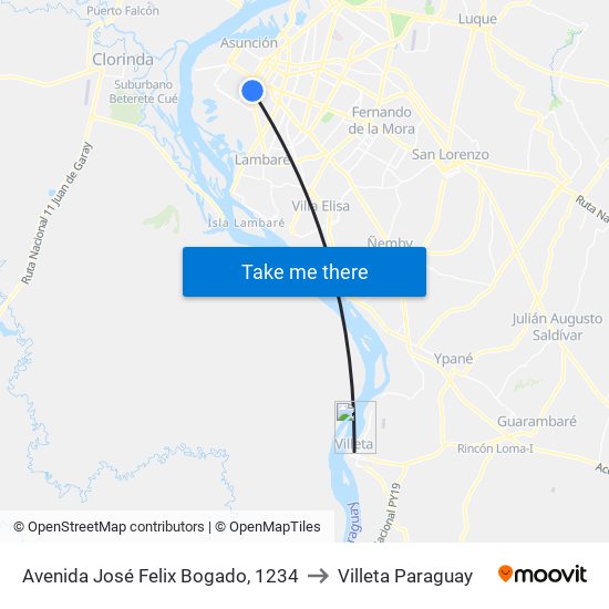 Avenida José Felix Bogado, 1234 to Villeta Paraguay map