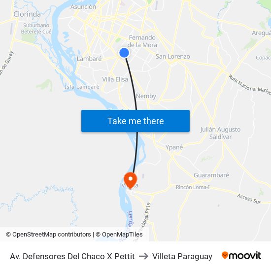 Av. Defensores Del Chaco X Pettit to Villeta Paraguay map