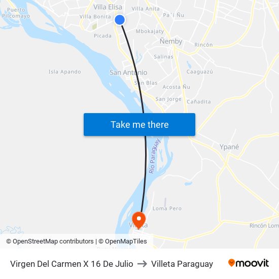 Virgen Del Carmen X 16 De Julio to Villeta Paraguay map