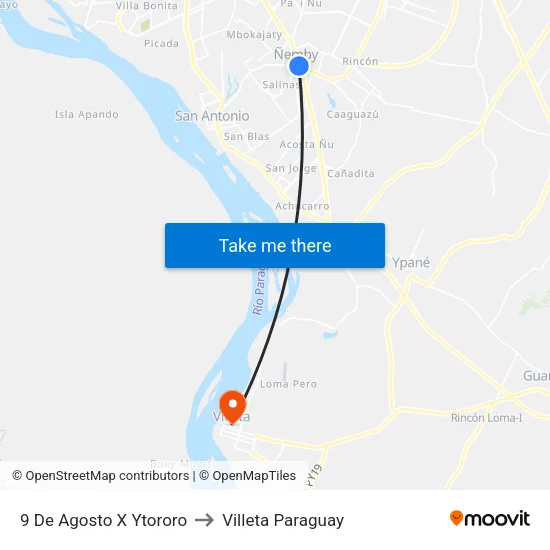 9 De Agosto X Ytororo to Villeta Paraguay map