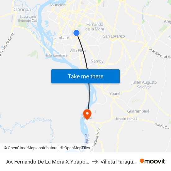 Av. Fernando De La Mora X Ybapobo to Villeta Paraguay map