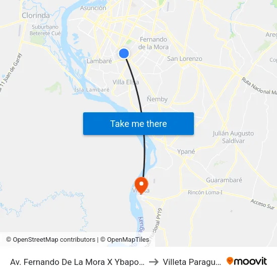 Av. Fernando De La Mora X Ybapobo to Villeta Paraguay map