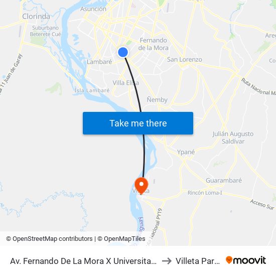 Av. Fernando De La Mora X Universitarios Del Chaco to Villeta Paraguay map