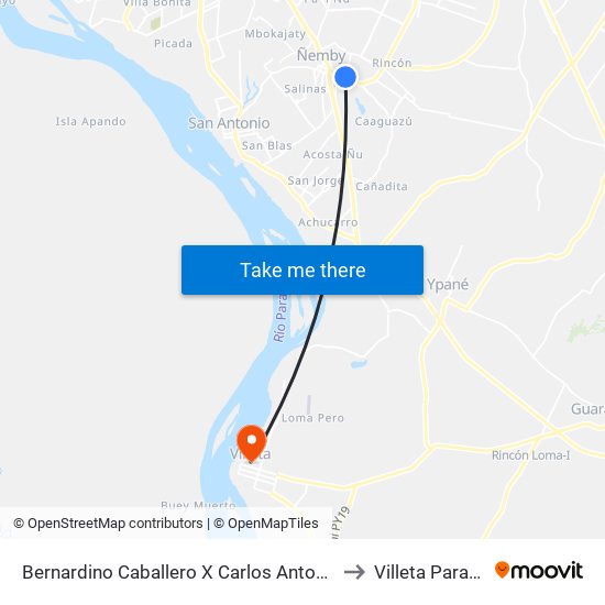 Bernardino Caballero X Carlos Antonio Lopéz to Villeta Paraguay map