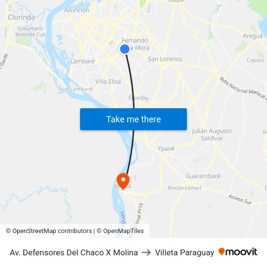Av. Defensores Del Chaco X Molina to Villeta Paraguay map