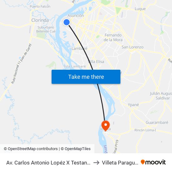 Av. Carlos Antonio Lopéz X Testanova to Villeta Paraguay map