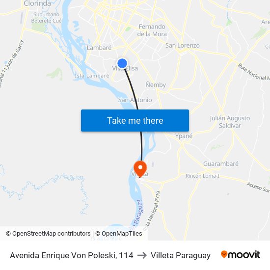 Avenida Enrique Von Poleski, 114 to Villeta Paraguay map