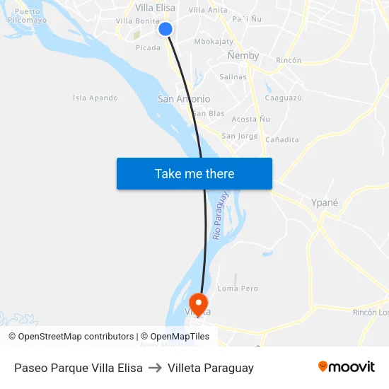 Paseo Parque Villa Elisa to Villeta Paraguay map